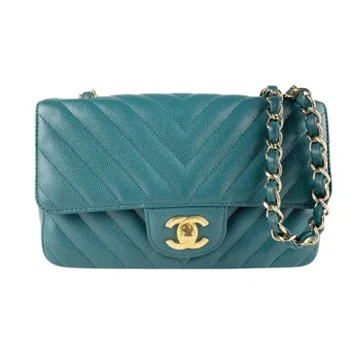 Pre-owned Chanel Blue Green Dark Blue Grained Calfskin Leather Metal Shoulder Bag ()