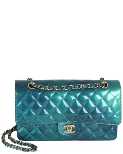 Pre-owned Chanel Blue; Green Patent Leather Shaded Quilted Medium Classic Double Flap Bag (authentic Pre-loved