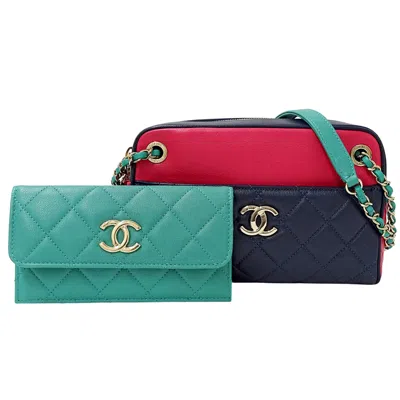 Pre-owned Chanel Blue Green Pink Leather Shoulder Bag ()