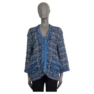 Pre-owned Chanel Blue Grey Cotton 2017 17s Chain Trim Oversized Crochet Knit Jacket 40 M In Gray