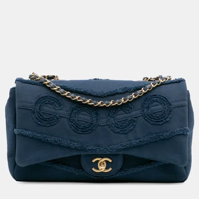 Pre-owned Chanel Blue Jumbo Chevron Denim Fringe Coco Flap