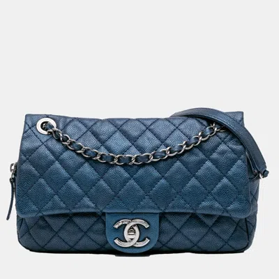 Pre-owned Chanel Blue Jumbo Iridescent Quilted Caviar Easy Flap