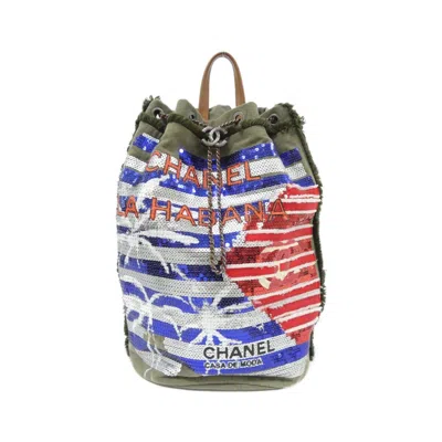 Pre-owned Chanel Blue Khaki Red Color Canvas Spangles Backpack ()