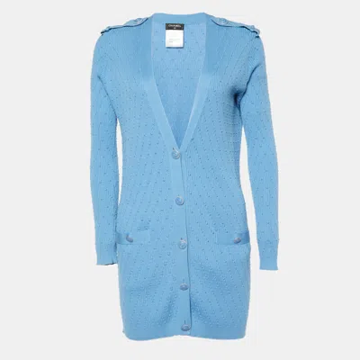 Pre-owned Chanel Blue Knit Buttoned Cardigan S
