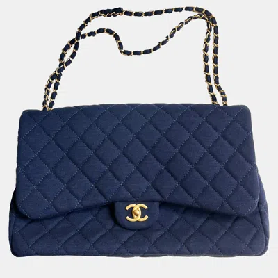 Pre-owned Chanel Blue Knit Microchip Version Xxl Classic Flap Shoulder Bag