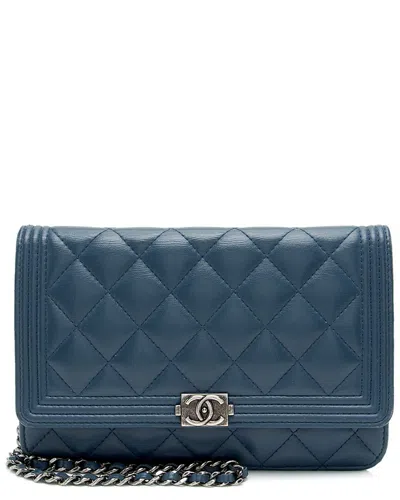 Pre-owned Chanel Blue Lambskin Boy Wallet On Chain (authentic Pre-loved)