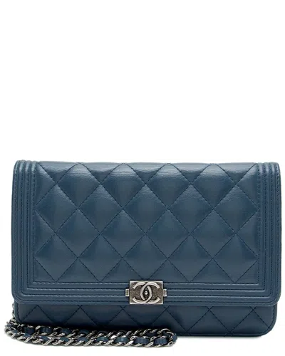 Pre-owned Chanel Blue Lambskin Boy Wallet On Chain (authentic Pre-loved)