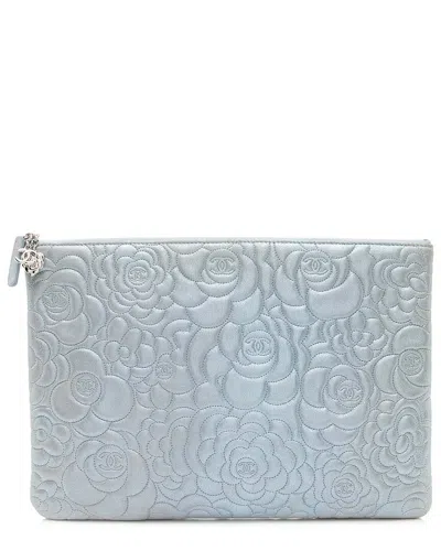 Pre-owned Chanel Blue Lambskin Camellia Large O-case (authentic Pre-loved)