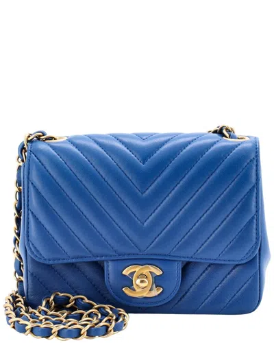 Chanel Blue Lambskin Chevron Quilted Leather Square Classic Single Flap