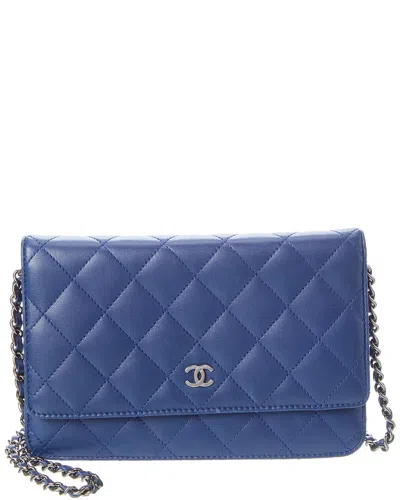 Pre-owned Chanel Blue Lambskin Classic Quilted Wallet On Chain (authentic Pre-loved)