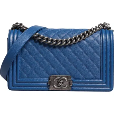 Pre-owned Chanel Blue Lambskin Double Chain Leather Medium Shoulder Women's Bag