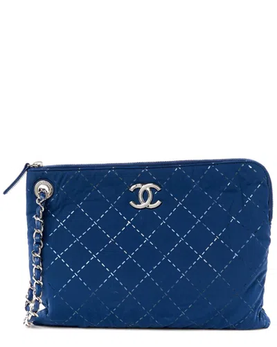 Pre-owned Chanel Blue Lambskin Leather Neoprene Printed Stitch Pouch With Handle  (authentic Pre-loved)