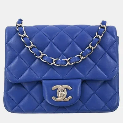 Pre-owned Chanel Blue Lambskin Mini Classic Square Flap Shoulder Bag