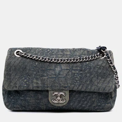 Pre-owned Chanel Blue Large Embroidered Denim Camellia Flap