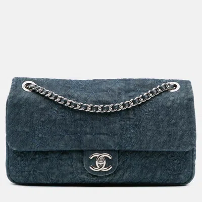 Pre-owned Chanel Blue Large Embroidered Denim Camellia Flap
