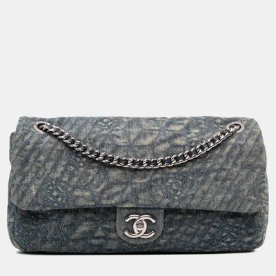 Pre-owned Chanel Blue Large Embroidered Denim Camellia Flap