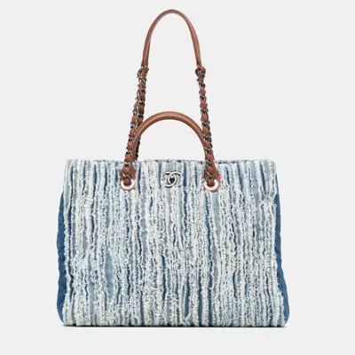 Pre-owned Chanel Blue Large Fringed Denim Shopping Tote