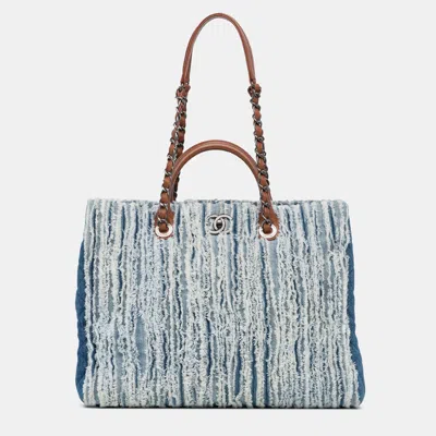 Pre-owned Chanel Blue Large Fringed Denim Shopping Tote