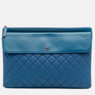 Pre-owned Chanel Blue Large Quilted Lambskin Flap O Case Clutch