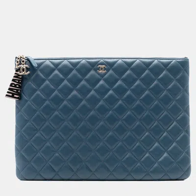 Pre-owned Chanel Blue Large Quilted Lambskin La Habana O Case Clutch