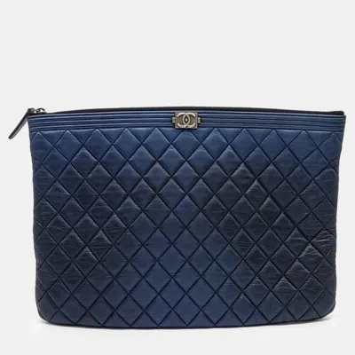 Pre-owned Chanel Blue Leather Boy Clutch Large