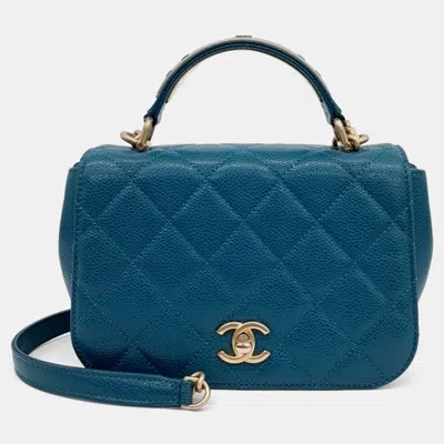 Pre-owned Chanel Blue Leather Caviar Top Handle Tote And Shoulder Bag