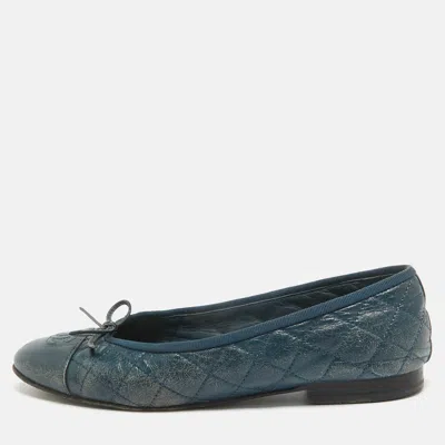 Pre-owned Chanel Blue Leather Cc Cap Toe Ballet Flats Size 38.5
