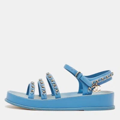 Pre-owned Chanel Blue Leather Cc Chain Link Ankle Strap Sandals Size 38