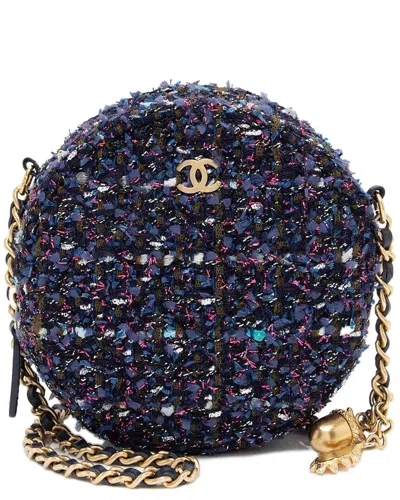 Pre-owned Chanel Blue Leather Tweed Cc Round Clutch With Chain (authentic Pre-loved)