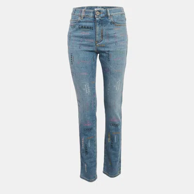 Pre-owned Chanel Blue Logo All Over Print Denim Jeans M Waist 27"
