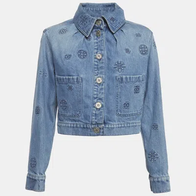 Pre-owned Chanel Blue Logo Patterned Denim Jacket S