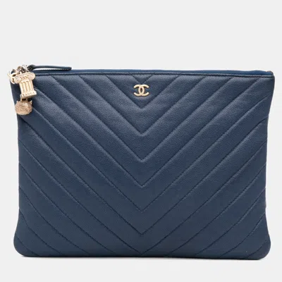 Pre-owned Chanel Blue Medium Chevron Caviar Ancient Greek Charms O Case Clutch