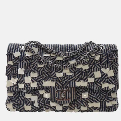 Pre-owned Chanel Blue Medium Classic Canvas Sequin Stripes Double Flap