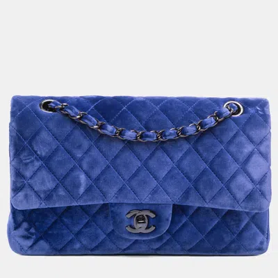Pre-owned Chanel Blue Medium Classic Velvet Double Flap