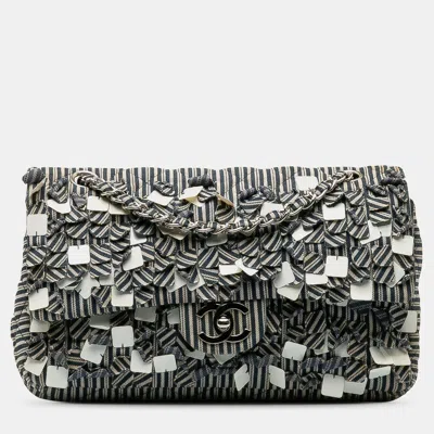 Pre-owned Chanel Blue Medium Cotton Striped Double Flap
