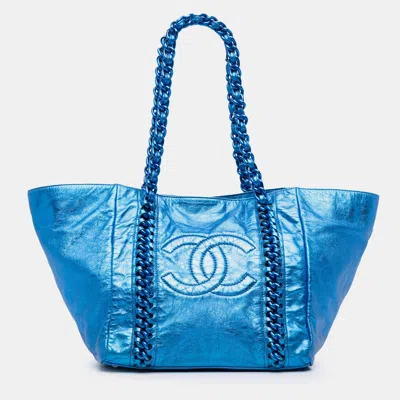 Pre-owned Chanel Blue Medium Cracked Metallic Calfskin Modern Chain Tote
