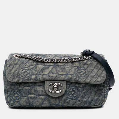 Pre-owned Chanel Blue Medium Embroidered Denim Camellia Flap