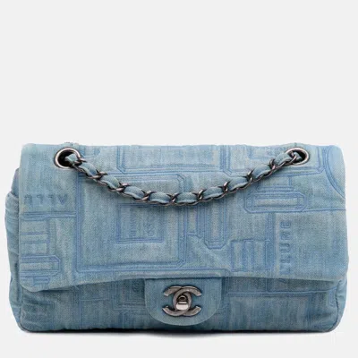 Pre-owned Chanel Blue Medium Embroidered Denim Perfume Bottle Single Flap