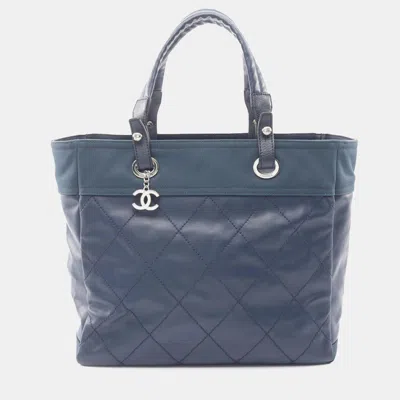 Pre-owned Chanel Blue Medium Quilted Coated Canvas Paris Biarritz Tote