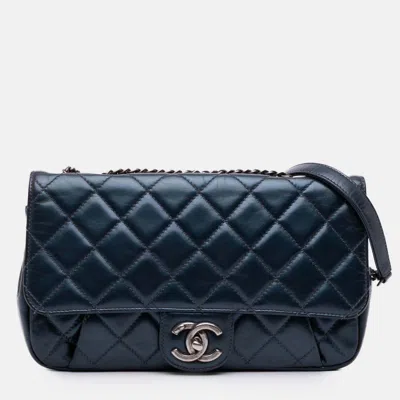 Pre-owned Chanel Blue Medium Quilted Glazed Calfskin Coco Pleats Flap