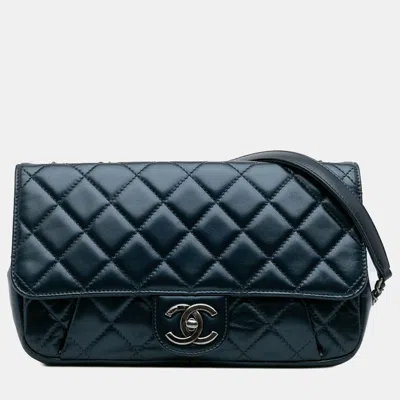Pre-owned Chanel Blue Medium Quilted Glazed Calfskin Coco Pleats Flap