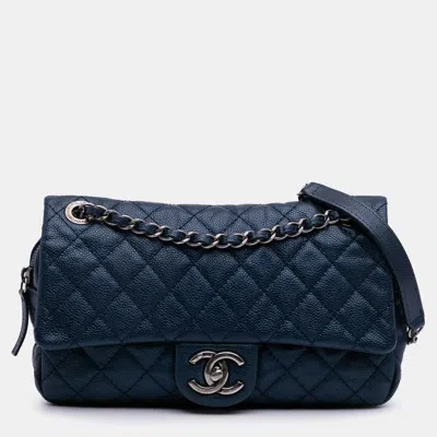 Pre-owned Chanel Blue Medium Quilted Iridescent Caviar Easy Flap