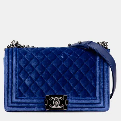 Pre-owned Chanel Blue Medium Quilted Velvet Boy Flap Bag