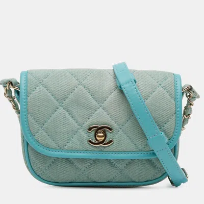 Pre-owned Chanel Blue Mini Cc Quilted Denim Messenger Flap