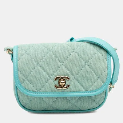 Pre-owned Chanel Blue Mini Cc Quilted Denim Messenger Flap