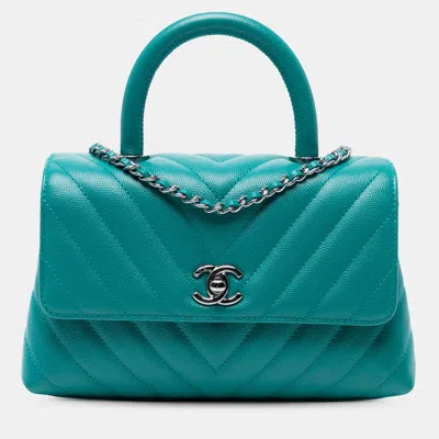 Pre-owned Chanel Blue Mini Chevron Caviar Coco Top Handle Bag