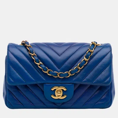 Pre-owned Chanel Blue Mini Chevron Quilted Lambskin Rectangular Flap Bag