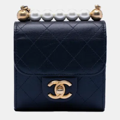 Pre-owned Chanel Blue Mini Goatskin Chic Pearls Clutch On Chain