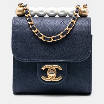Pre-owned Chanel Blue Mini Quilted Goatskin Vertical Chic Pearls Flap Clutch With Chain