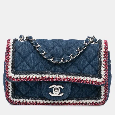 Pre-owned Chanel Blue Mini Rectangular Classic Denim Tweed Framed Single Flap